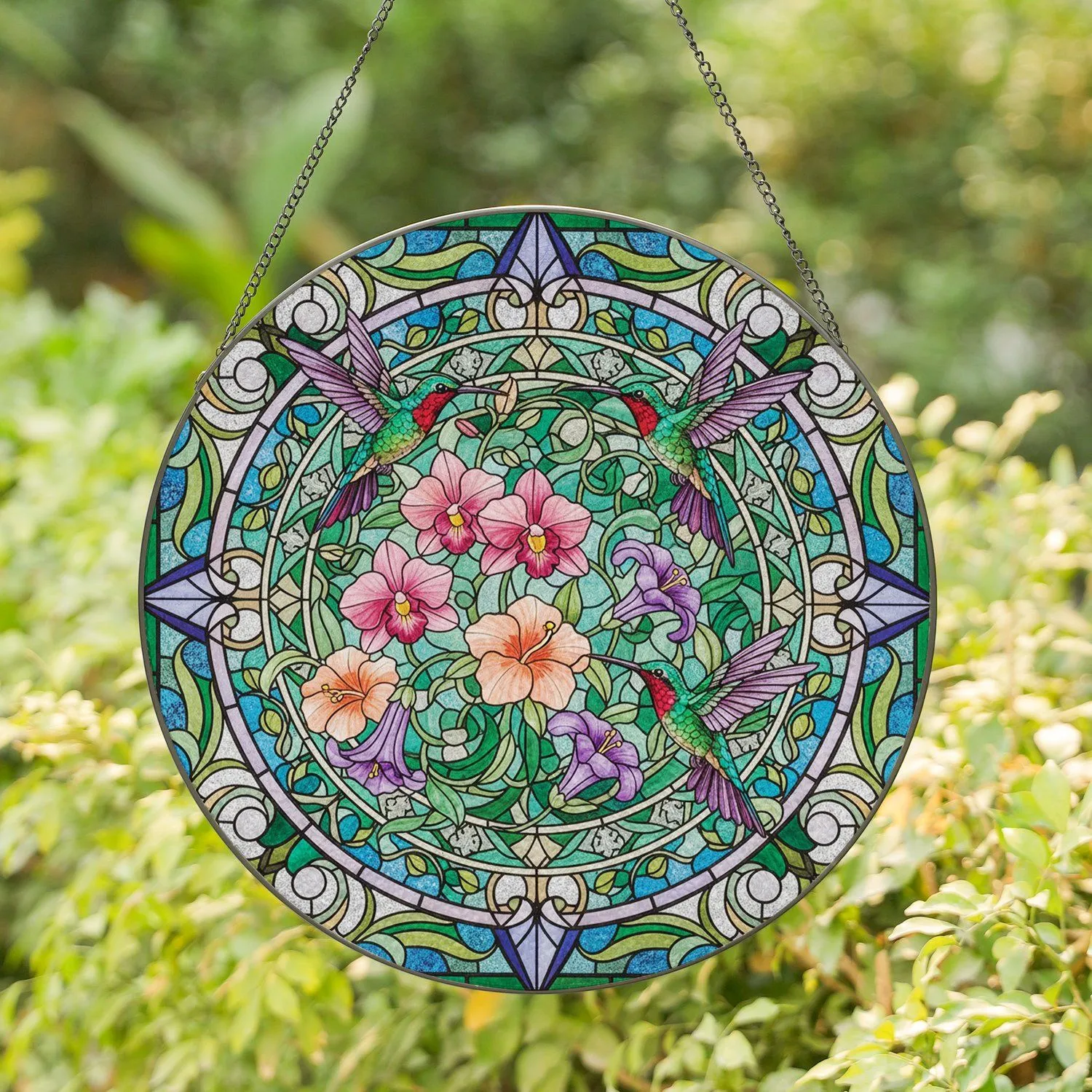 Hummingbirds Blooming Orchids Hibiscus Lilies Home Decor Gift for Wildlife Lovers Stained Glass Suncatcher - 1