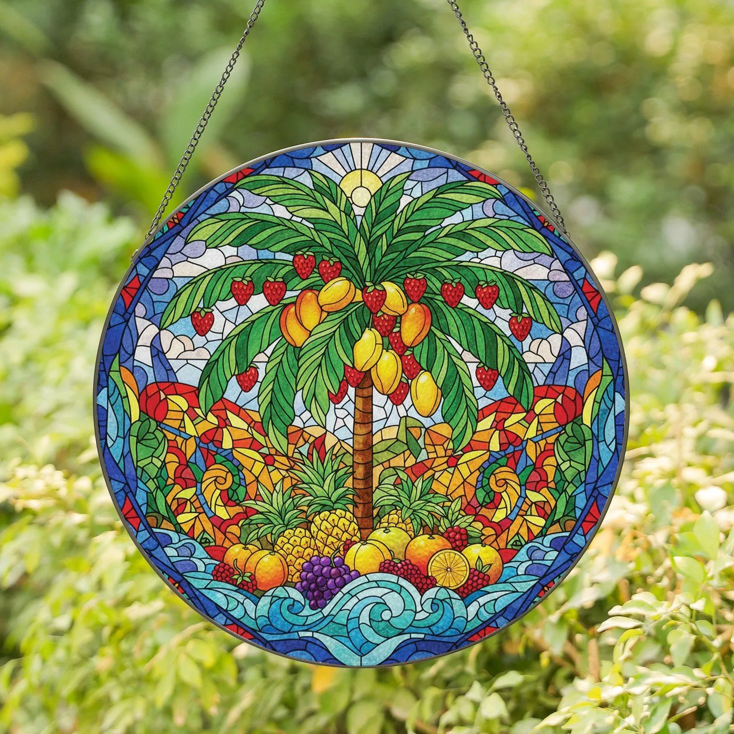 Tiffany Tropical Palm Tree Fruit Mango Pineapple Ocean Waves Mosaic - Home Decor Gift Stained Glass Suncatcher - 1