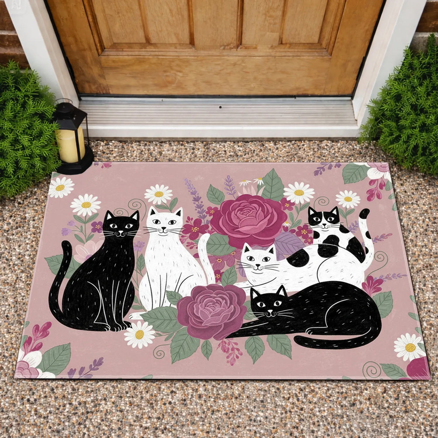 Black White Polka Dot Cats Rose Daisy Wildflower - Home Decor Gift for Cat Lover Doormat - 1