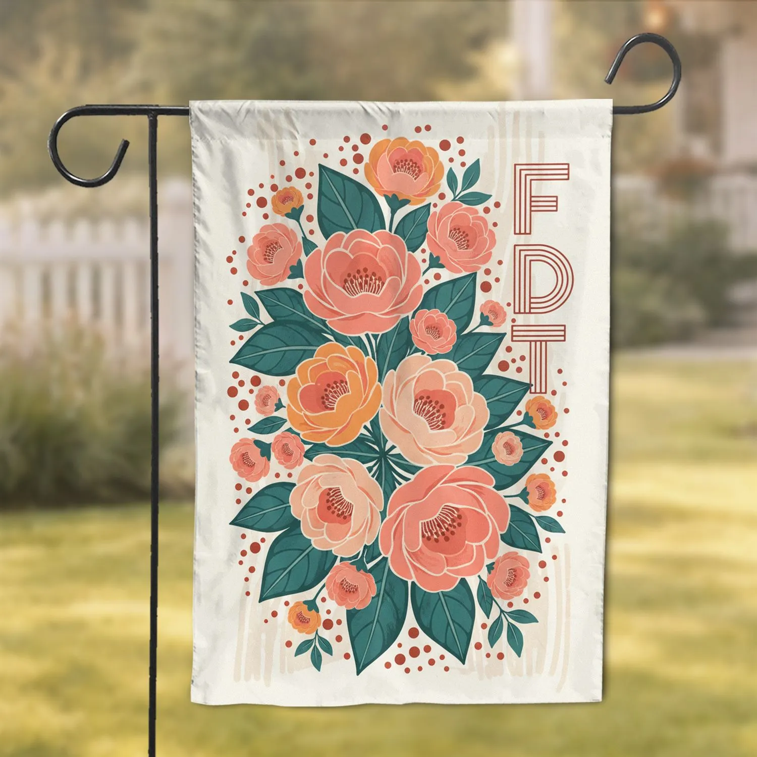 Word Foot Coral Peach Orange Blossoms Teal Green Foliage Reddish Dots - Home Decor Gift Garden Flag - 1