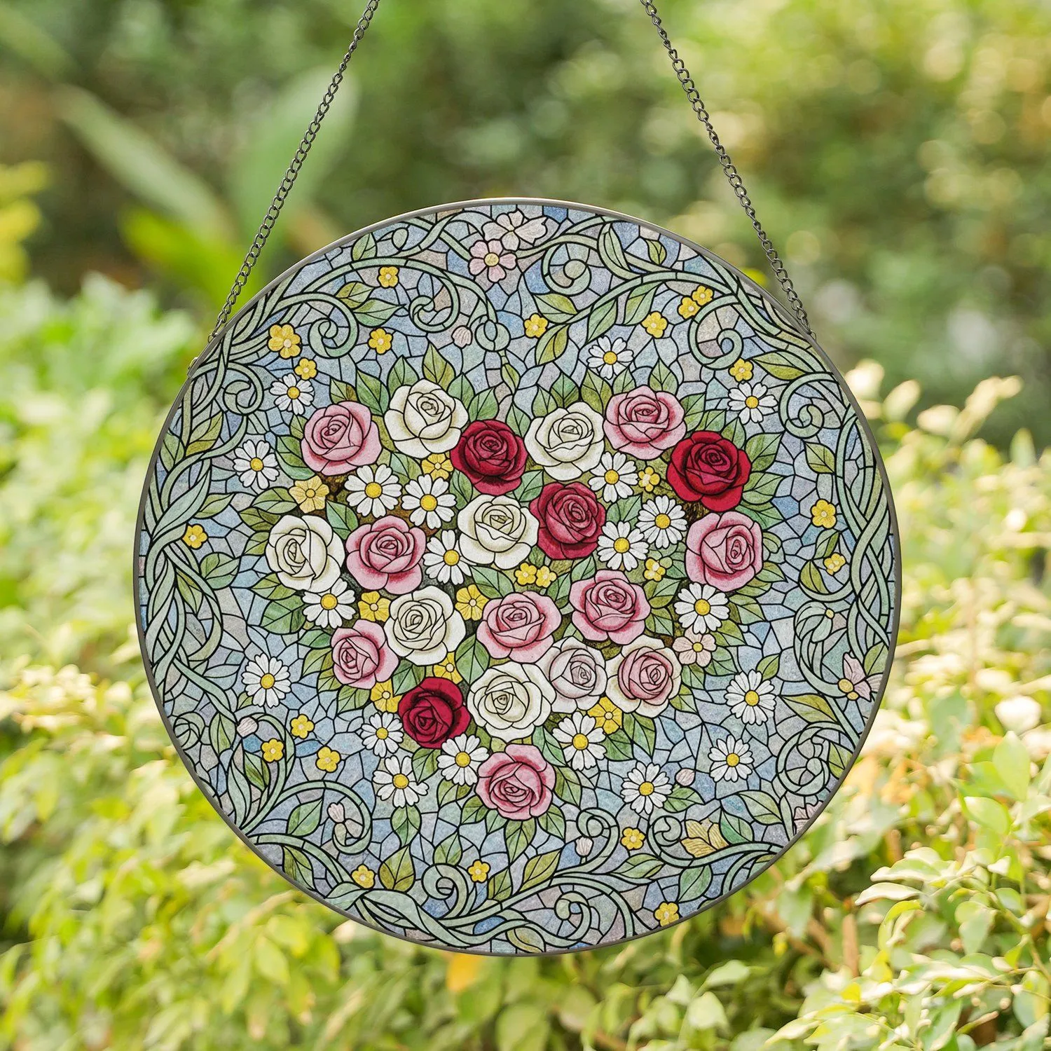 Lush Heart Wreath Blooming Roses Daisies Vines - Home Decor Gift for Garden Lover Stained Glass Suncatcher - 1