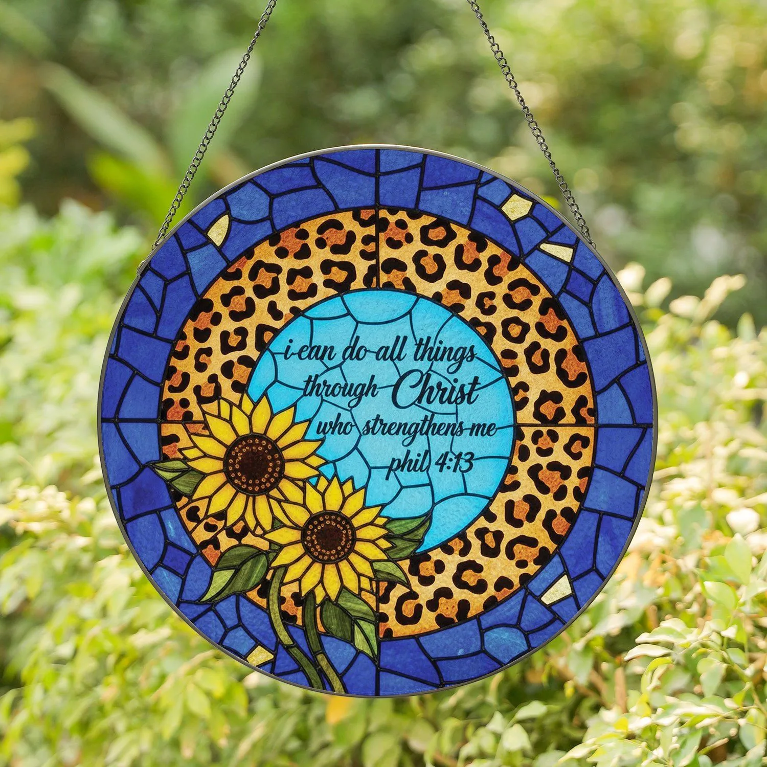 Christ Strengthens Me Scripture Sunflowers Leopard Print Christian Encouragement Gift Stained Glass Suncatcher - 1