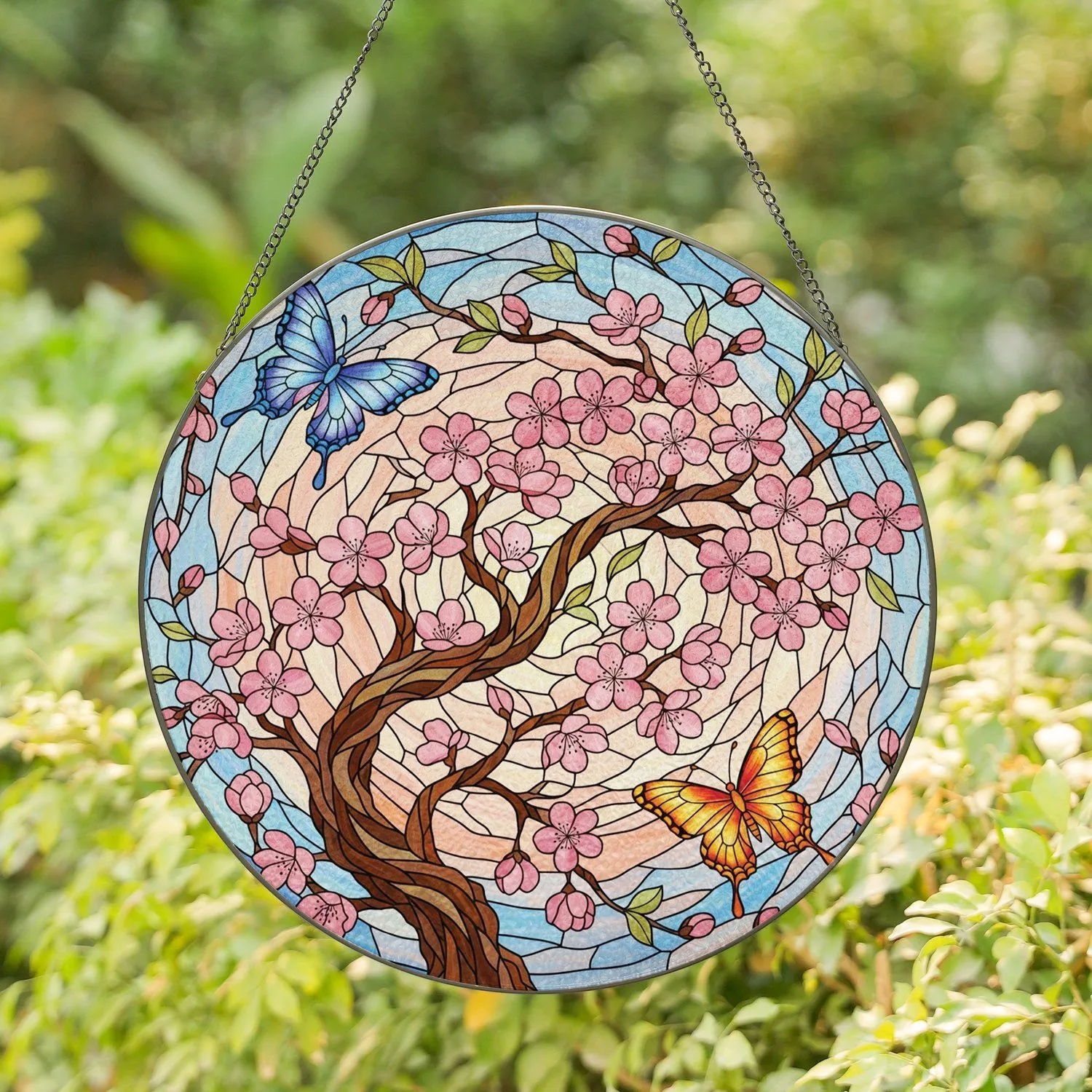 Gnarled Cherry Blossom Branch Pink Flowers Blue Orange Butterflies - Home Decor Gift Stained Glass Suncatcher - 1