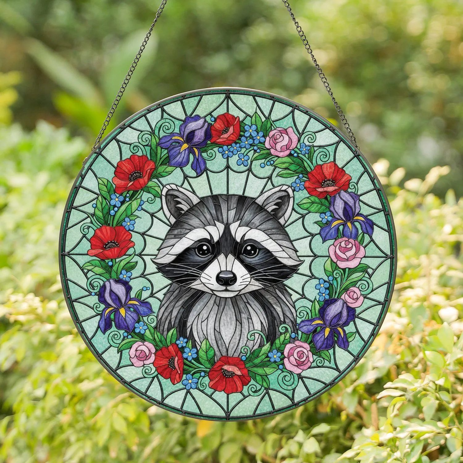 Tiffany Raccoon Bust Red Blue Green Floral Wreath - Home Decor Gift for Wildlife Lover Stained Glass Suncatcher - 1