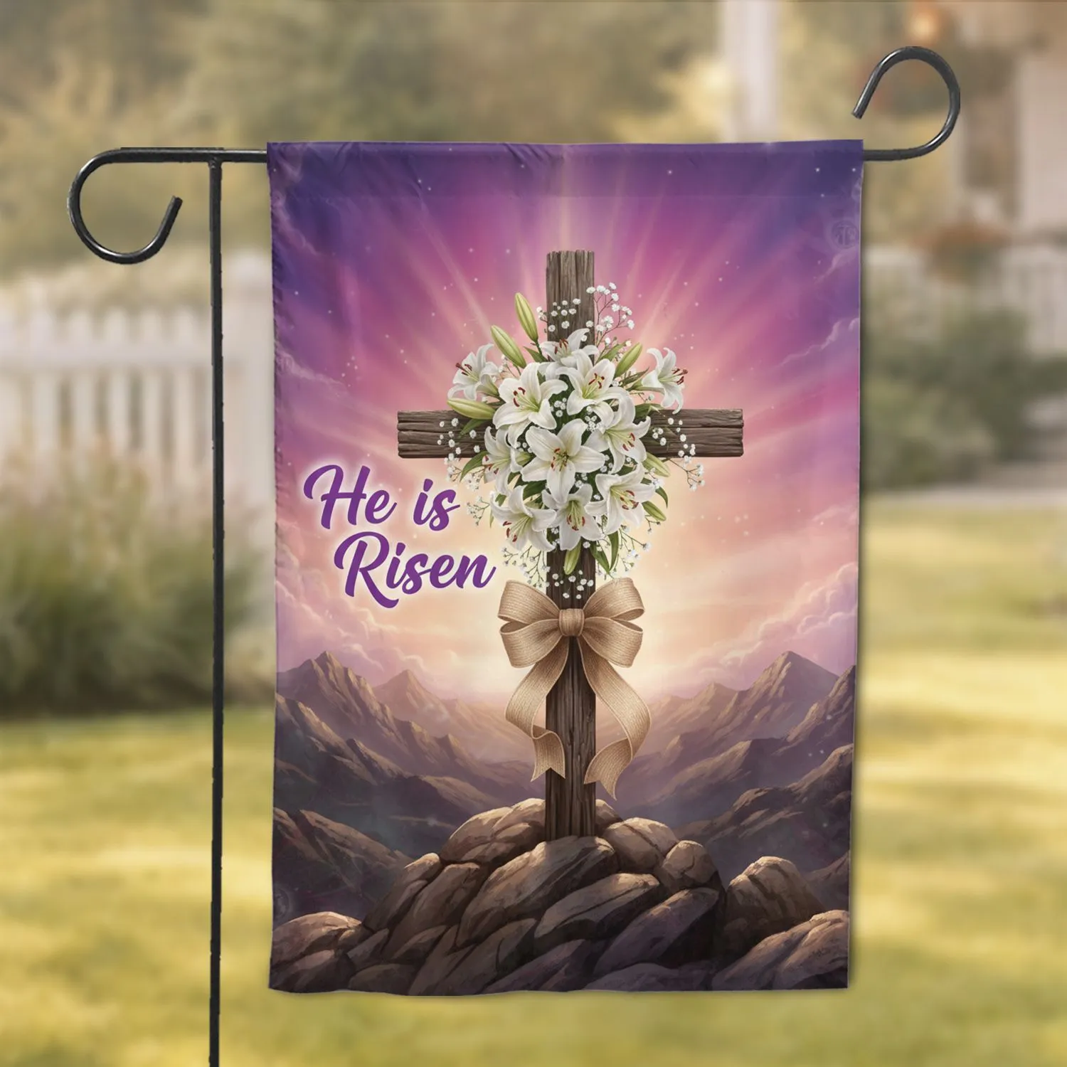 He Is Risen Cross Easter Lilies - Resurrection Sacred Home Decor Garden Flag - 1