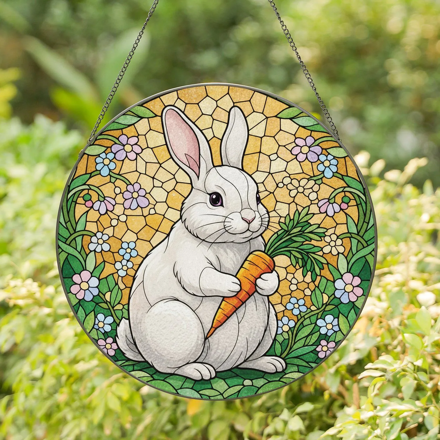White Rabbit Carrot Green Floral - Home Decor Gift for Garden Lover Stained Glass Suncatcher - 1