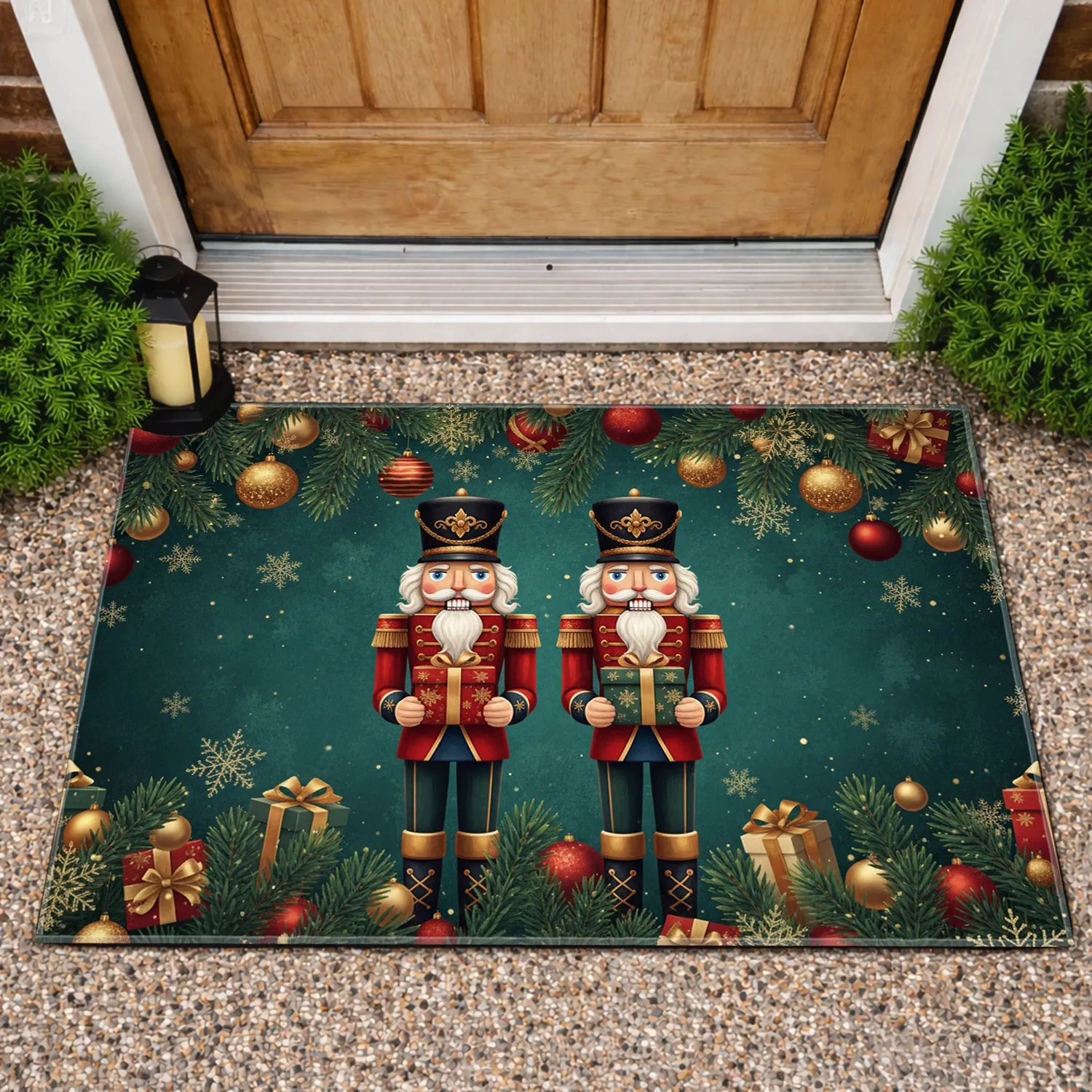 Christmas Nutcracker Soldiers Pine Boughs Golden Baubles Ornaments - Festive Holiday Gift Doormat - 1