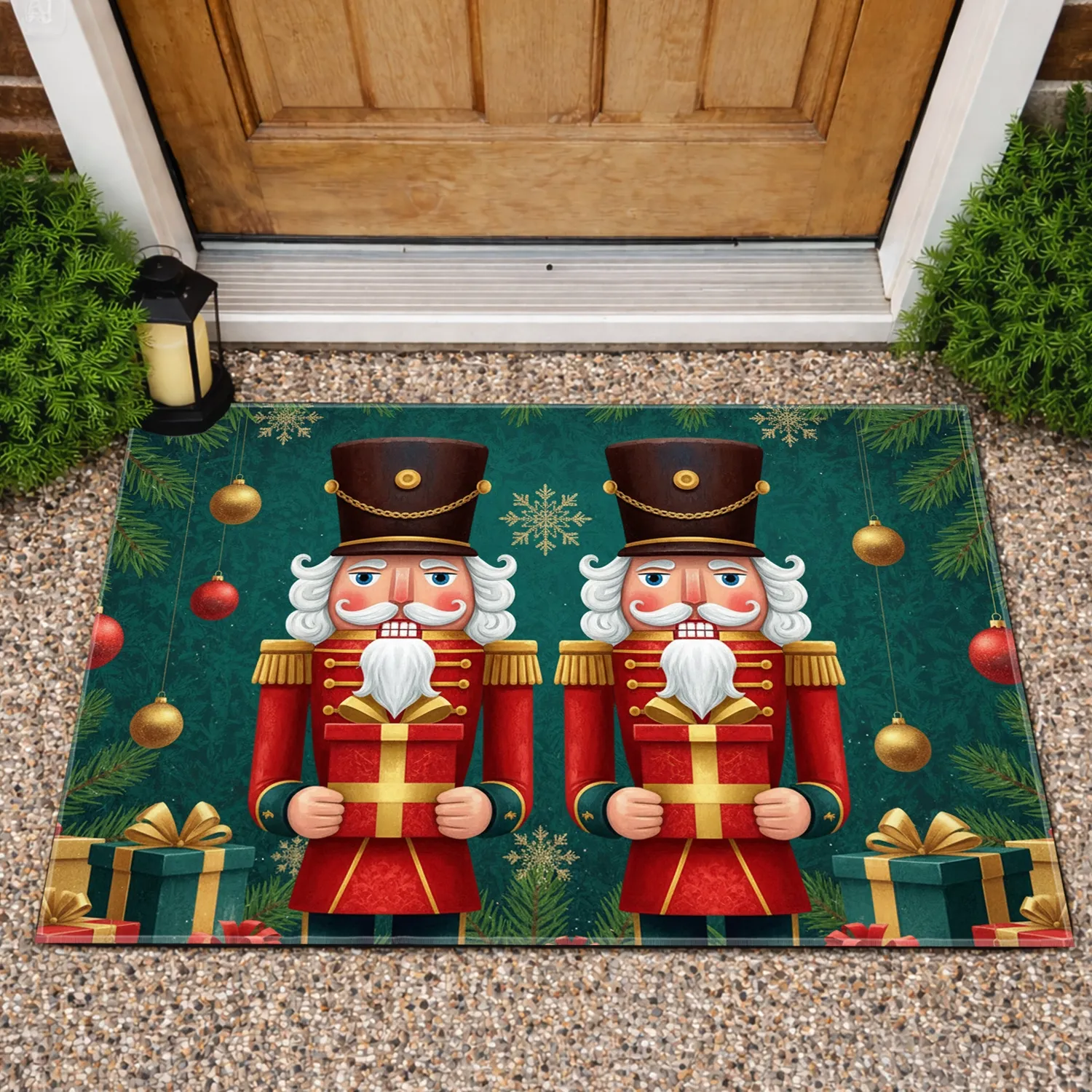 Christmas Nutcracker Figures Gift Boxes Pine Branches Christmas Decor Doormat - 1