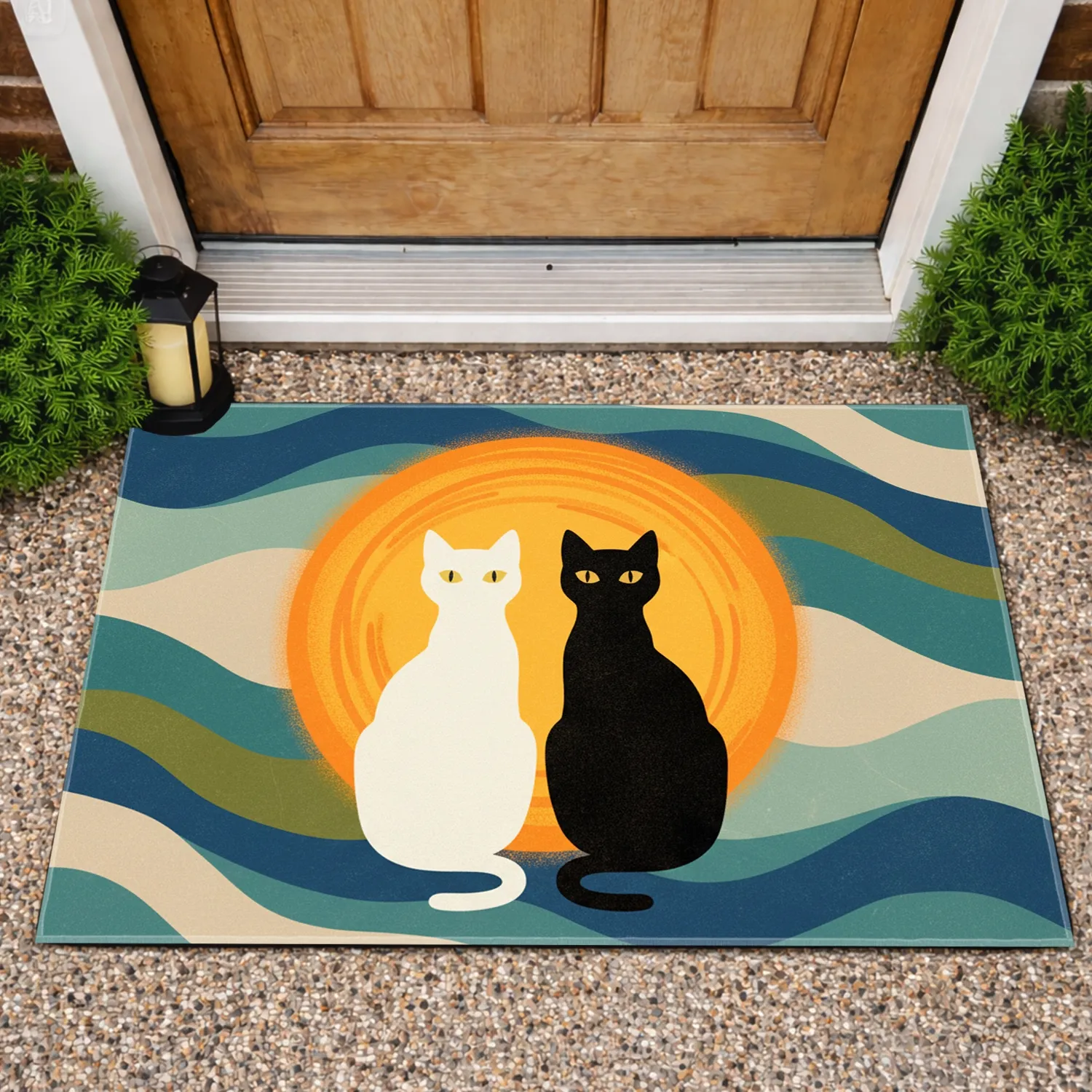 White Black Cat Pair Sun Abstract Landscape - Home Decor Gift Cat Lover Doormat - 1