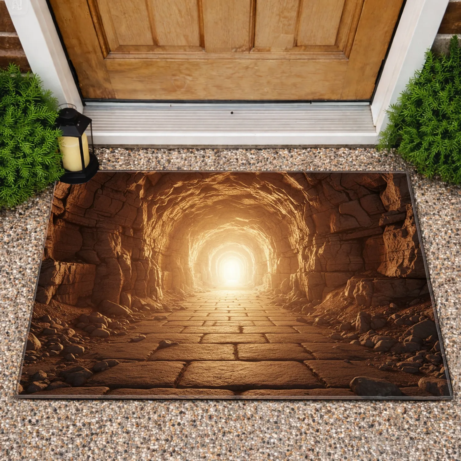 Receding Rough Stone Tunnel Path Glowing Light - Home Decor Gift Doormat - 1