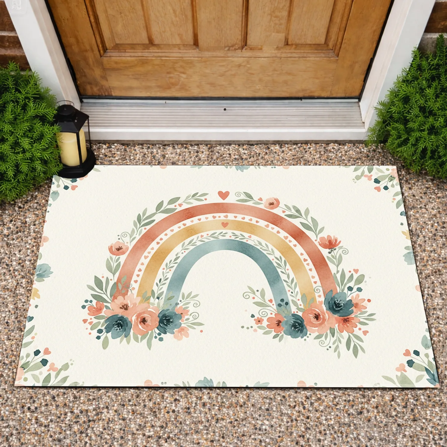 Earthy Rainbow Botanical Hearts - Home Decor Gift Doormat - 1