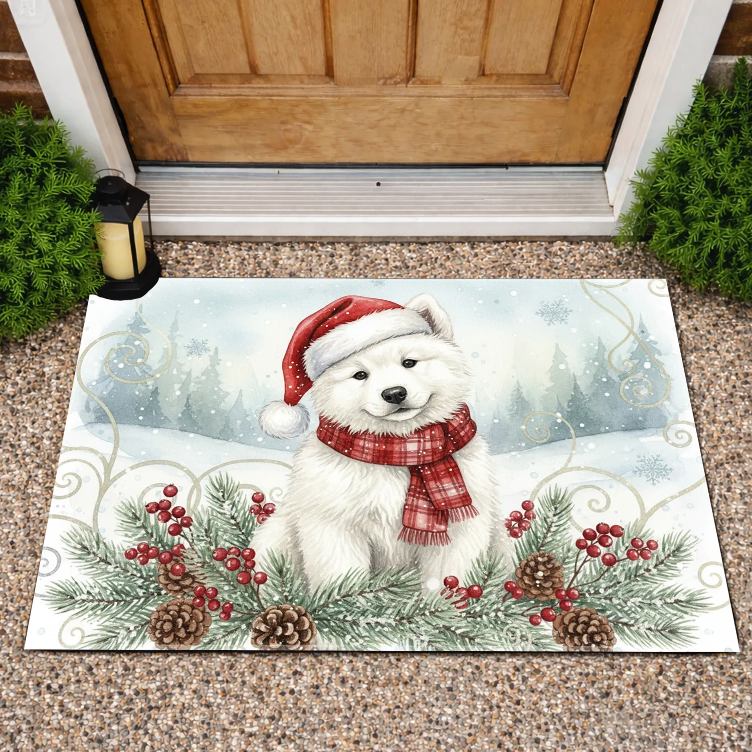 Fluffy White Puppy Santa Hat Plaid Scarf Evergreen - Christmas Gift for Puppy Lover Doormat - 1
