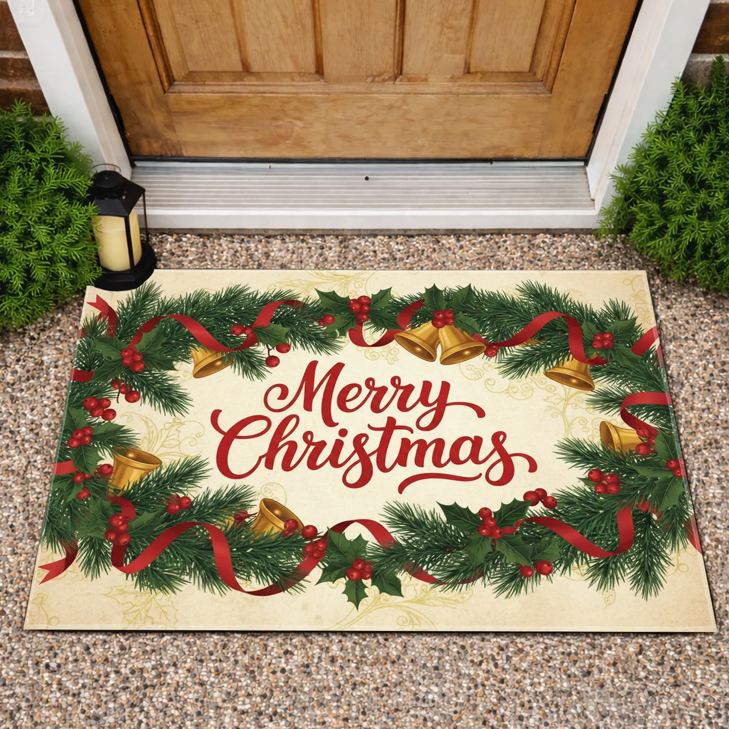 Merry Christmas Pine Needles Holly Berries Golden Bells Red Ribbons - Christmas Decor Doormat - 1