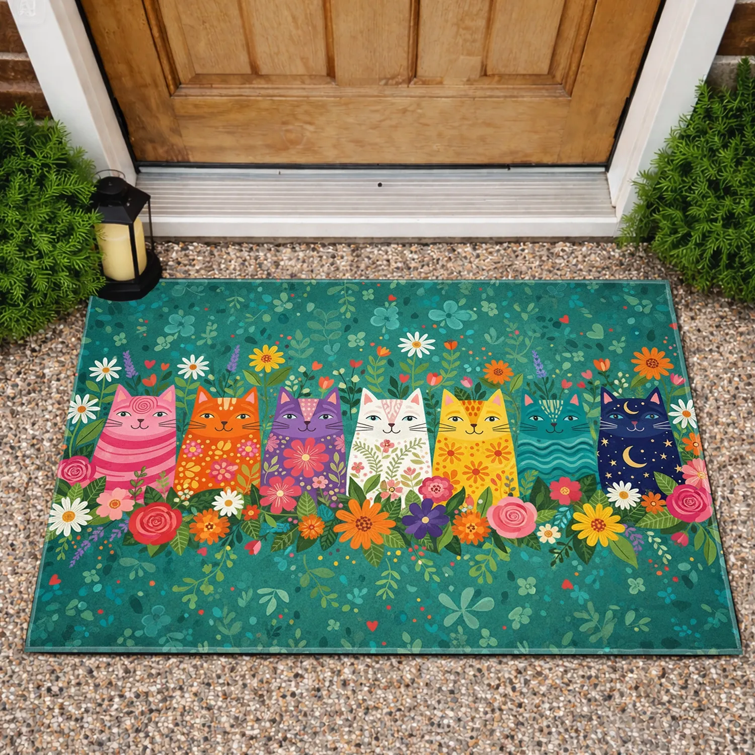 Seven Patterned Cats Lush Garden Home Decor Gift for Cat Lover Doormat - 1
