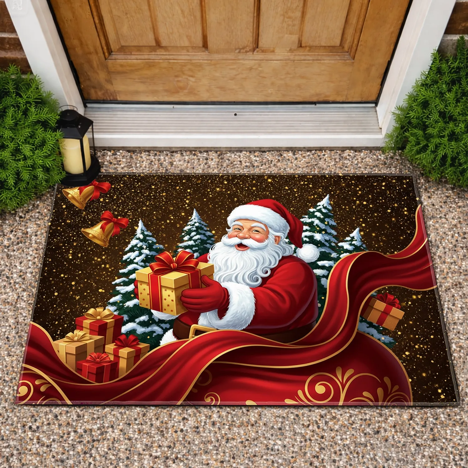 Smiling Santa Claus Christmas Gifts Red Ribbon - Holiday Home Decor Gift Doormat - 1