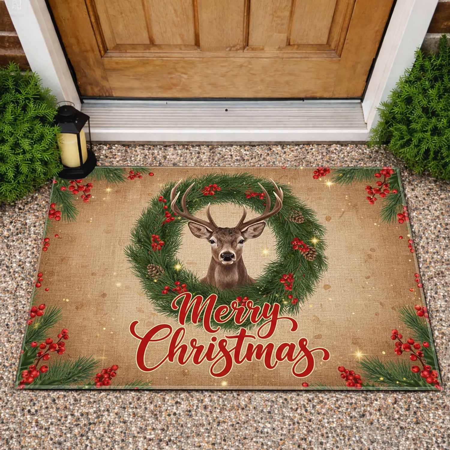 Deer Antlers Christmas Wreath - Merry Christmas Home Decor Gift Doormat - 1