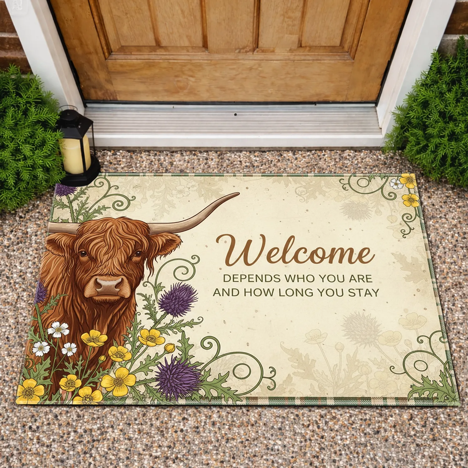 Highland Cow Wildflower Thistle Welcome - Farmhouse Home Decor Gift for Cow Lover Doormat - 1