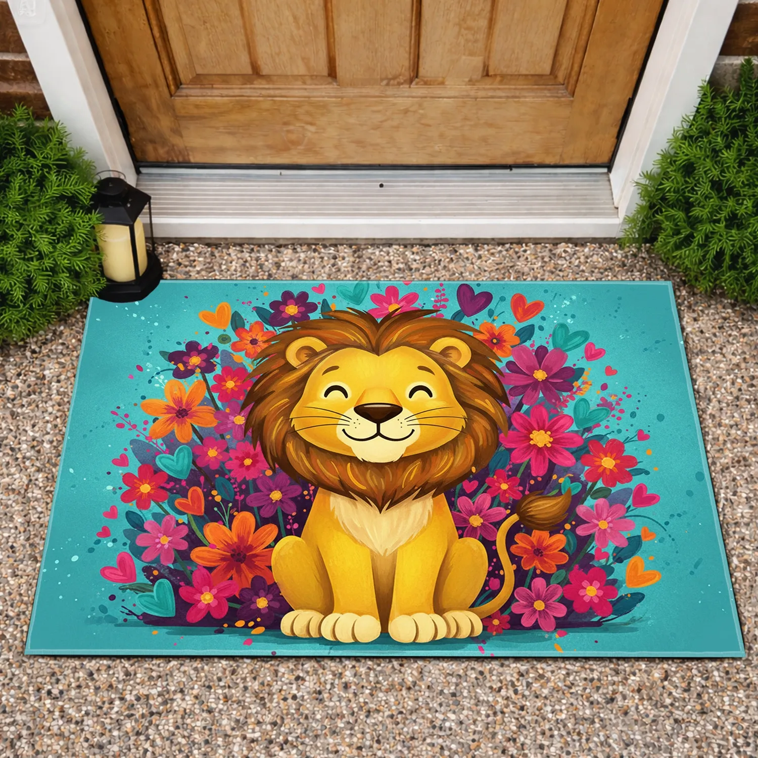 Cartoon Shaggy Mane Lion Lush Field Flowers Floating Hearts - Home Decor Gift for Kids Doormat - 1