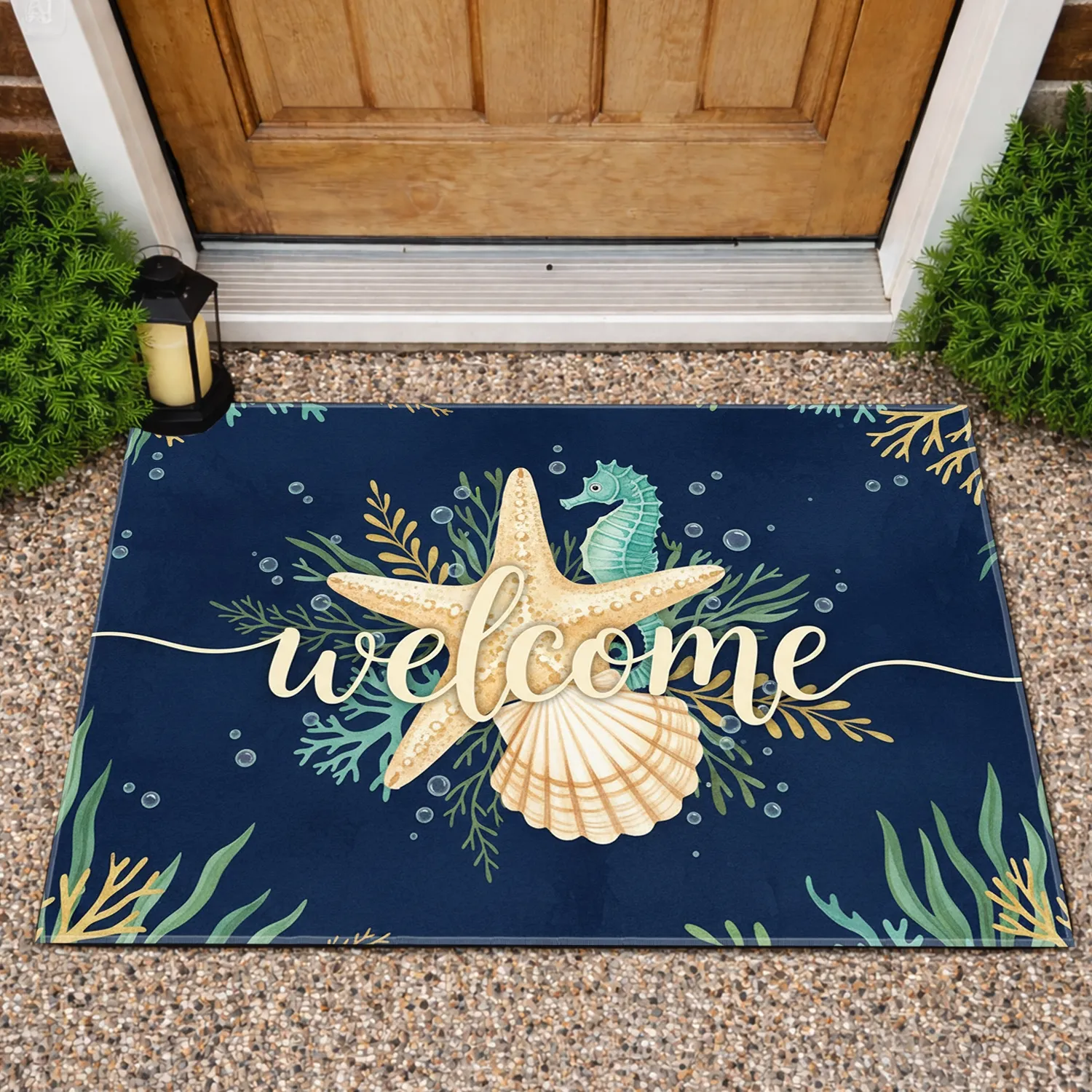 Welcome Script Starfish Scallop Shell Coastal Living Home Decor Gift Doormat - 1