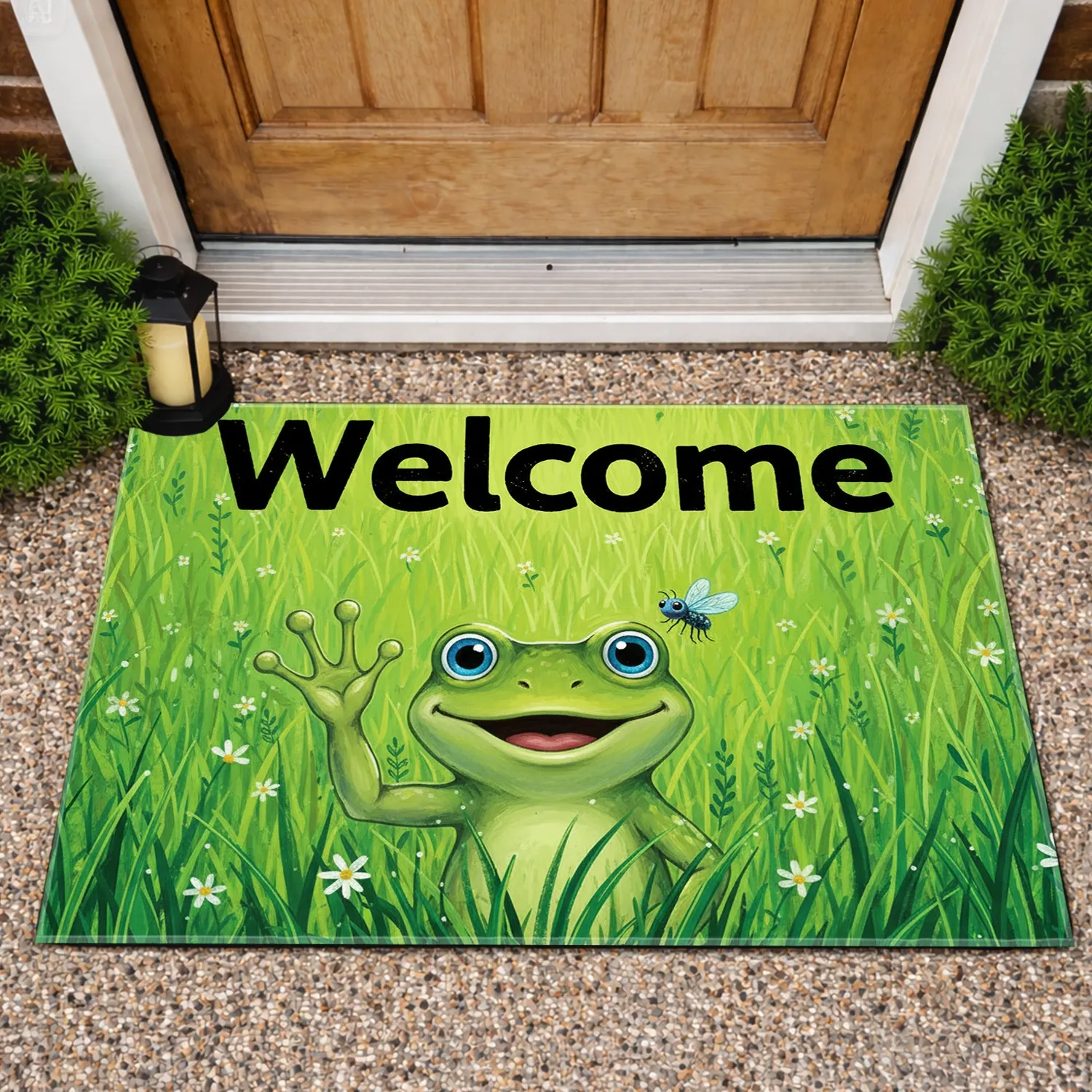 Friendly Green Frog Welcome Sign - Housewarming Gift for Entryway Doormat - 1