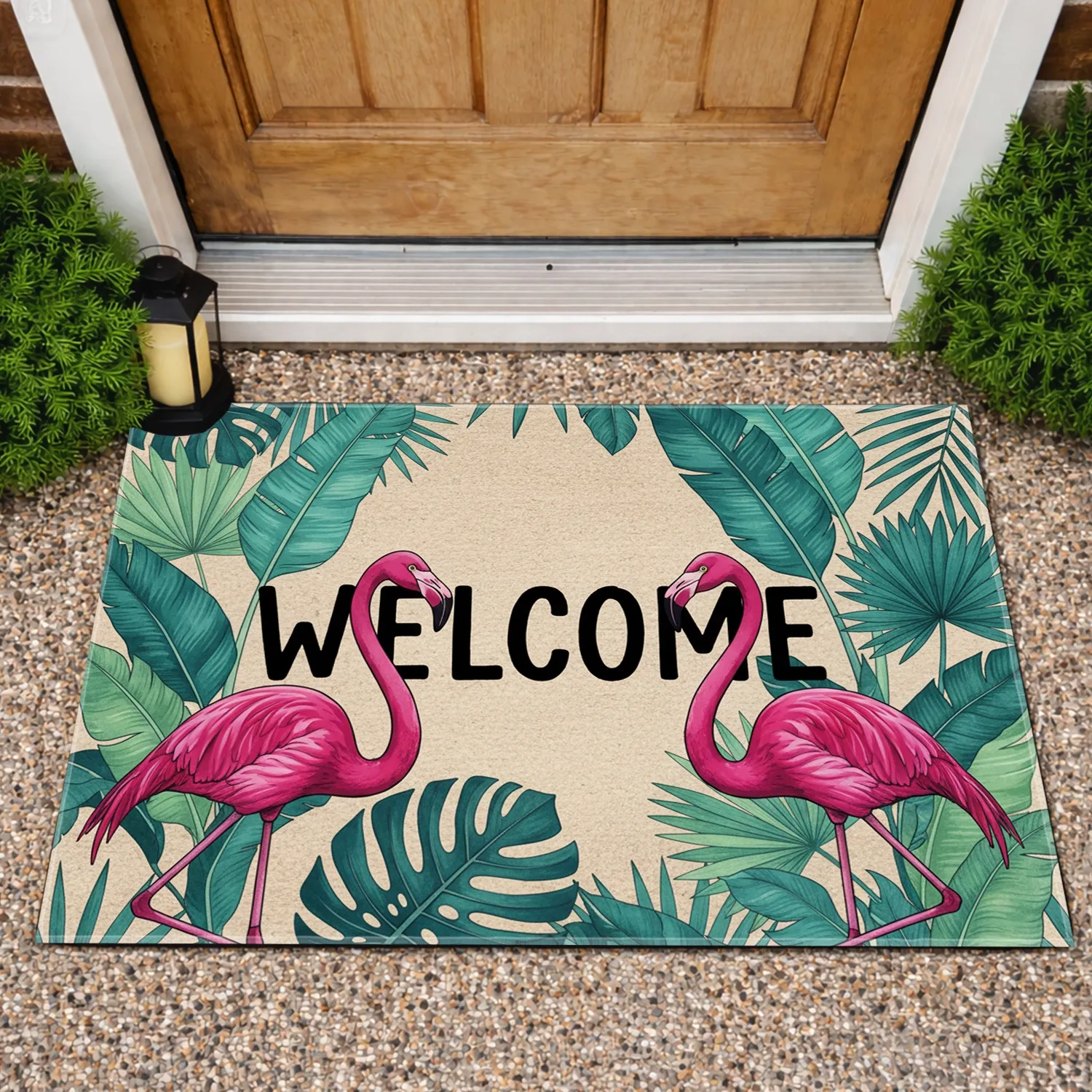 Pink Flamingos Welcome Monstera Leaves Rustic - Home Decor Gift for Entertaining Doormat - 1