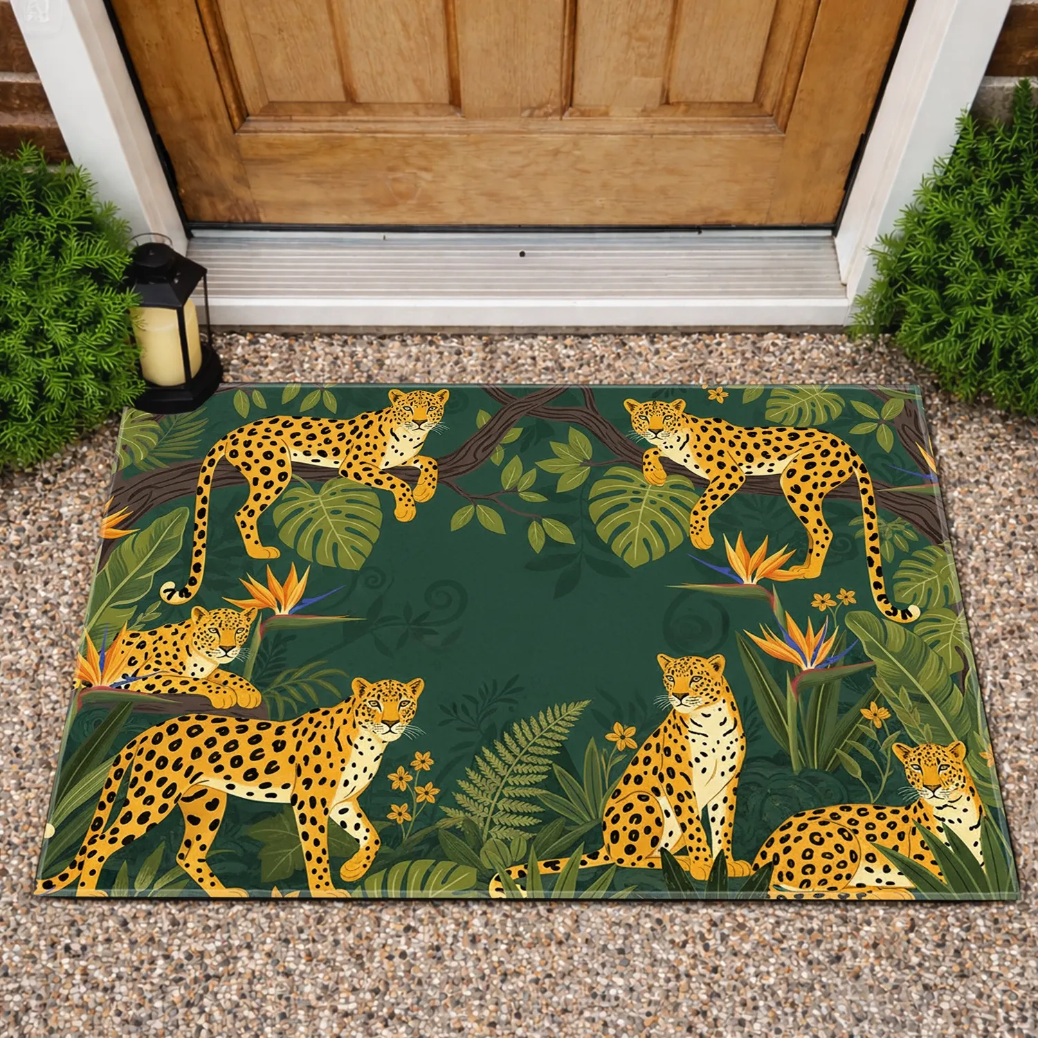 Leopards Tropical Jungle Ferns Monstera Leaves Bird of Paradise - Wildlife Home Decor Gift Doormat - 1