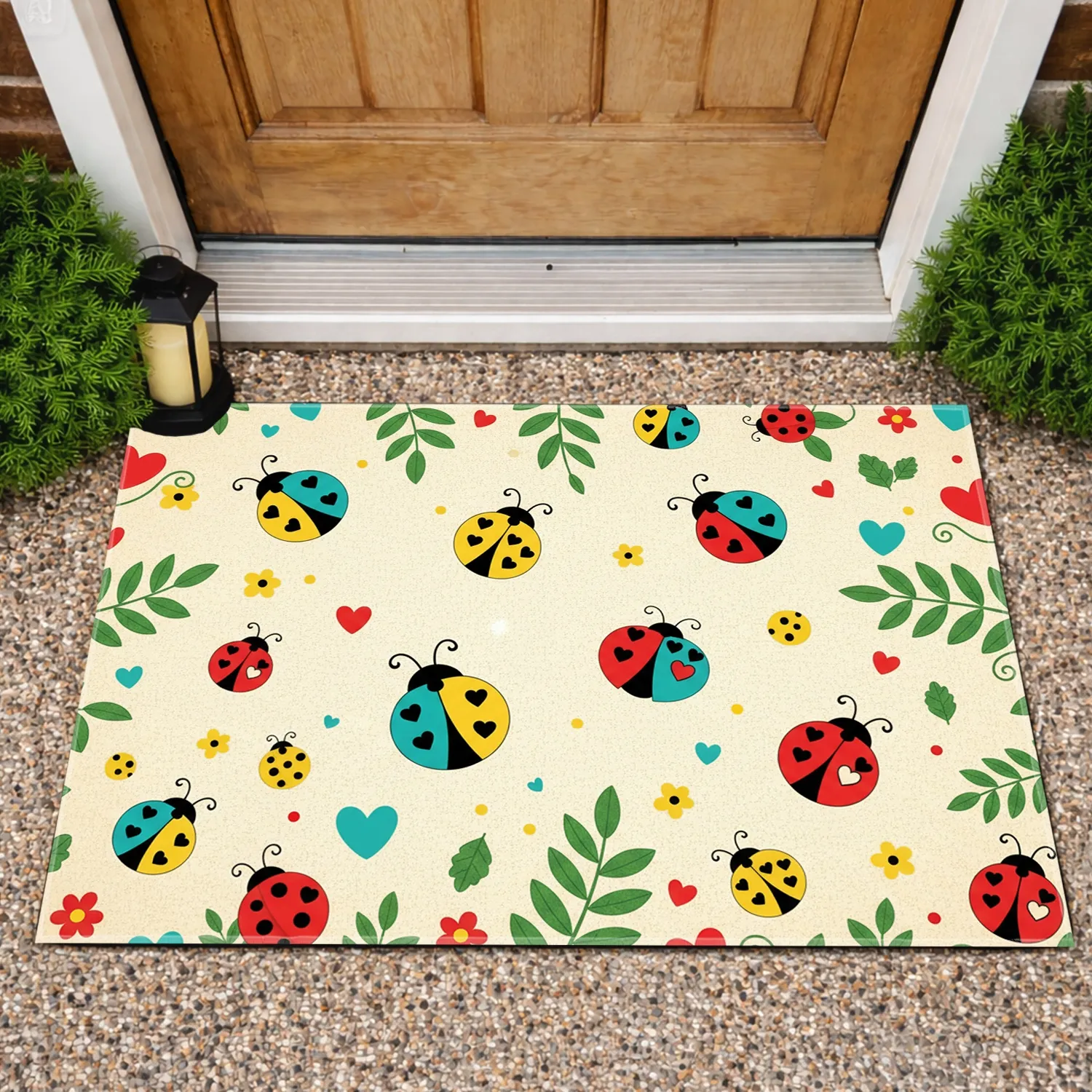 Scattered Ladybug Leaf Branch Flowers - Home Decor Gift for Ladybug Lover Doormat - 1