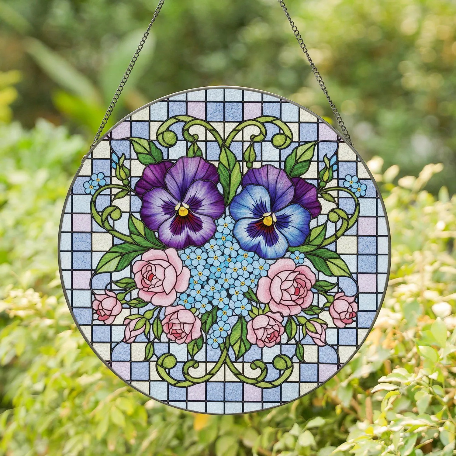 Tiffany Stained Glass Pansy Rose Floral Bouquet - Home Decor Gift for Garden Lover Stained Glass Suncatcher - 1