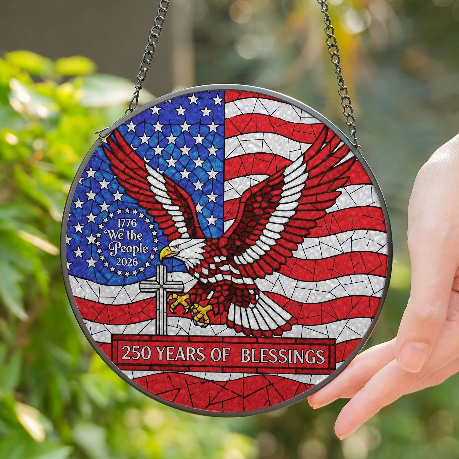 Bald Eagle American Flag Cross - Independence Day Home Decor for Veterans Stained Glass Suncatcher - 1