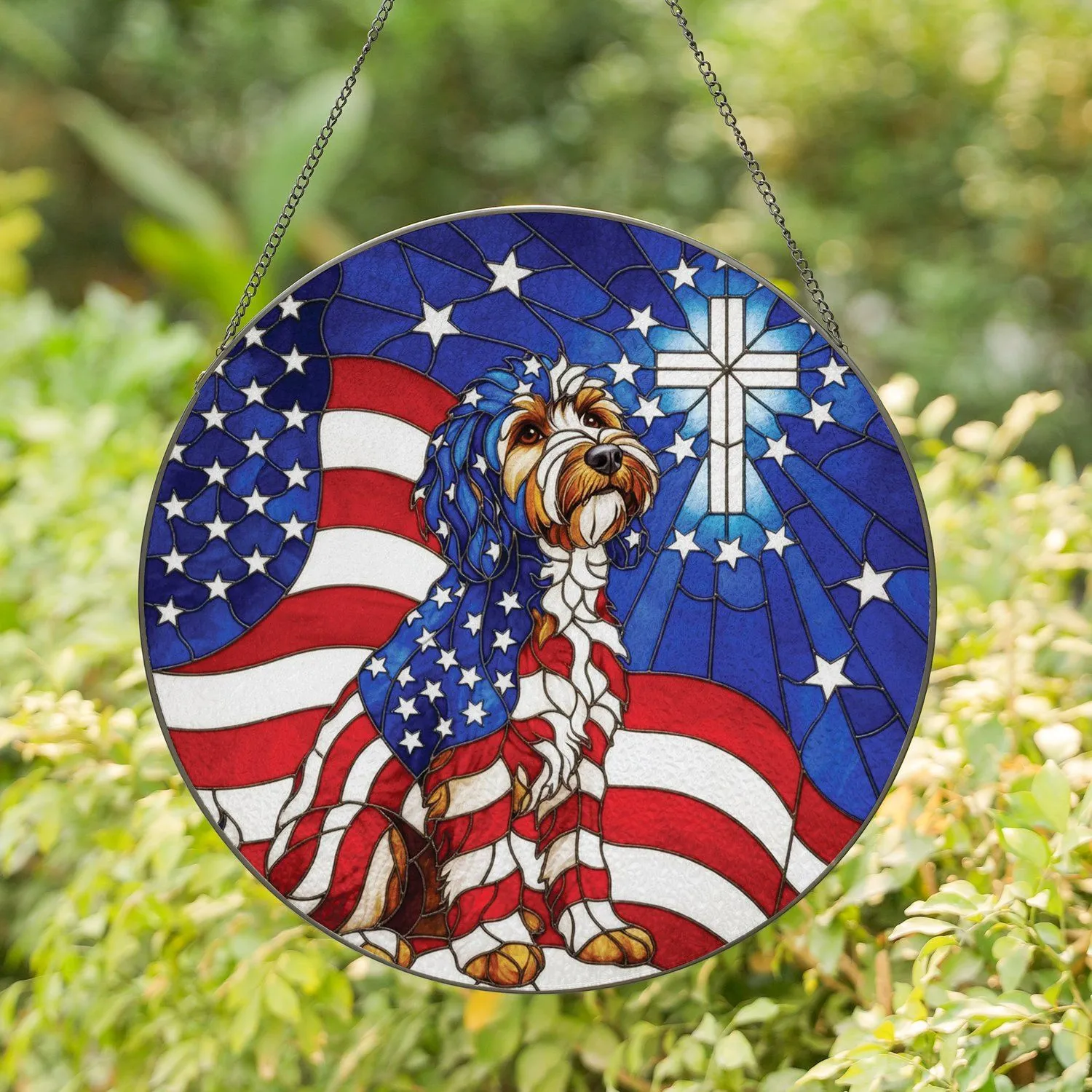 Goldendoodle Dog American Flag Cross - Independence Day Gift for Dog Lovers Stained Glass Suncatcher - 1