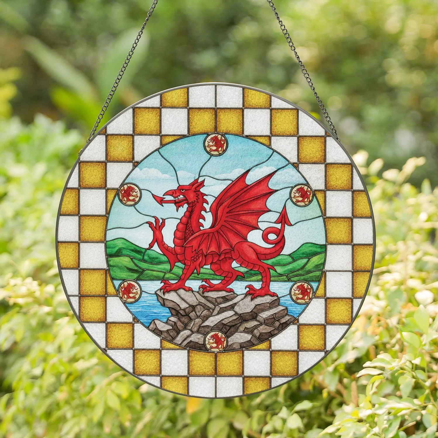 Red Welsh Dragon Rocky Landscape Medallions - Home Decor Gift for Dragon Lover Stained Glass Suncatcher - 1