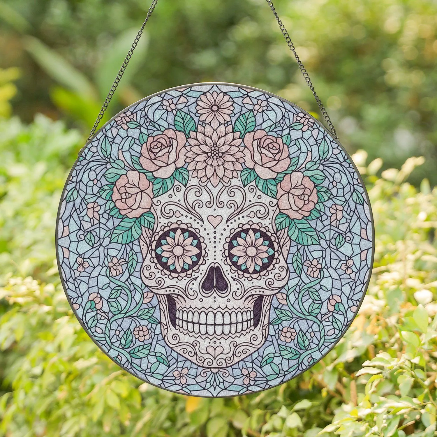 Calavera Skull Floral Crown Vines - Home Decor Gift Stained Glass Suncatcher - 1