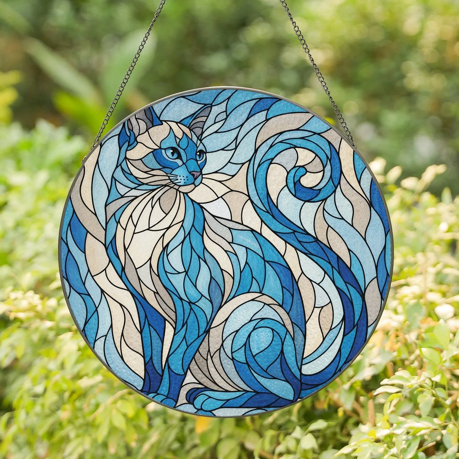 Siamese Cat Curled Tail Organic Shapes Mosaic Background - Home Decor Gift for Cat Lover Stained Glass Suncatcher - 1