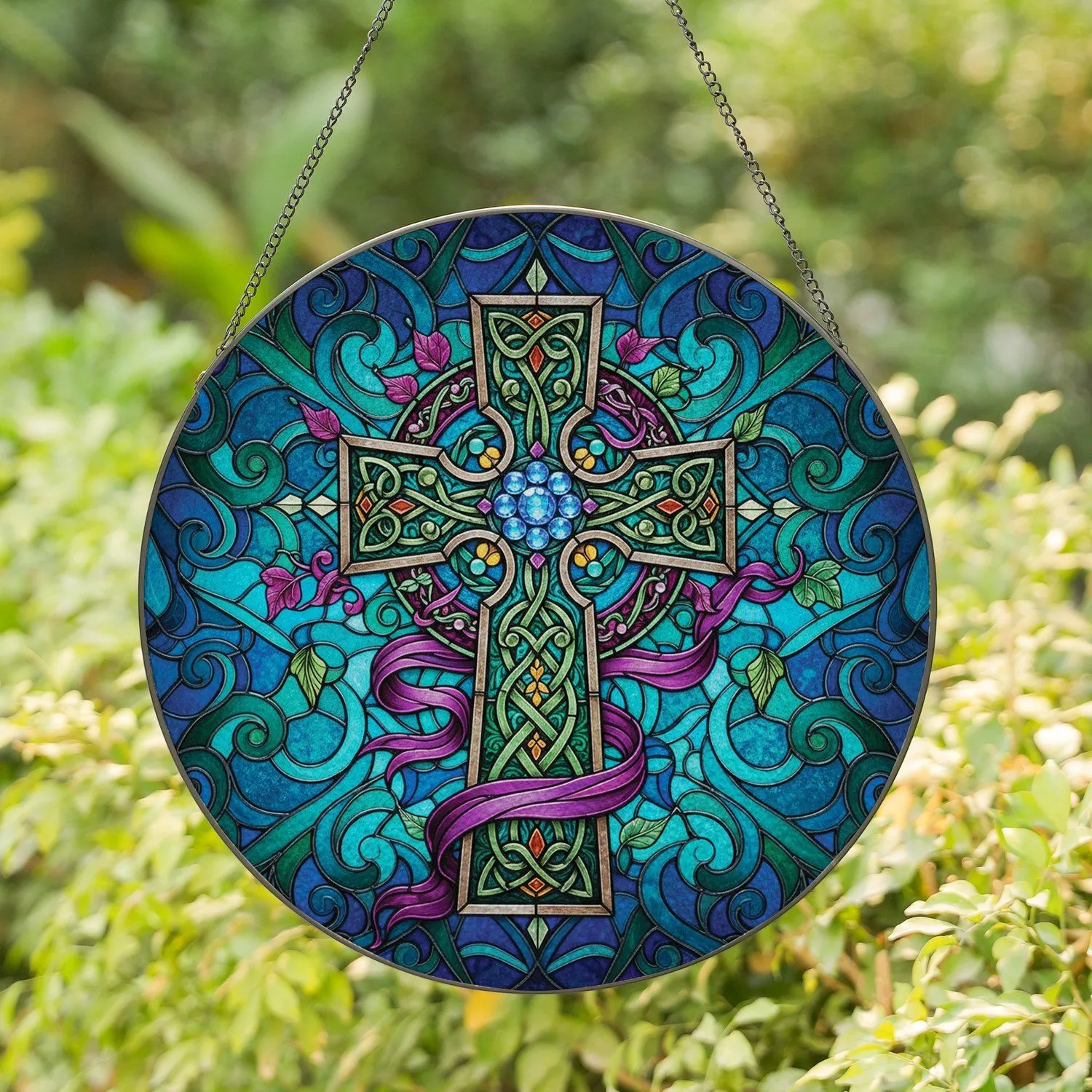 Celtic Cross Floral Foliate Purple Ribbon - Home Decor Gift Stained Glass Suncatcher - 1