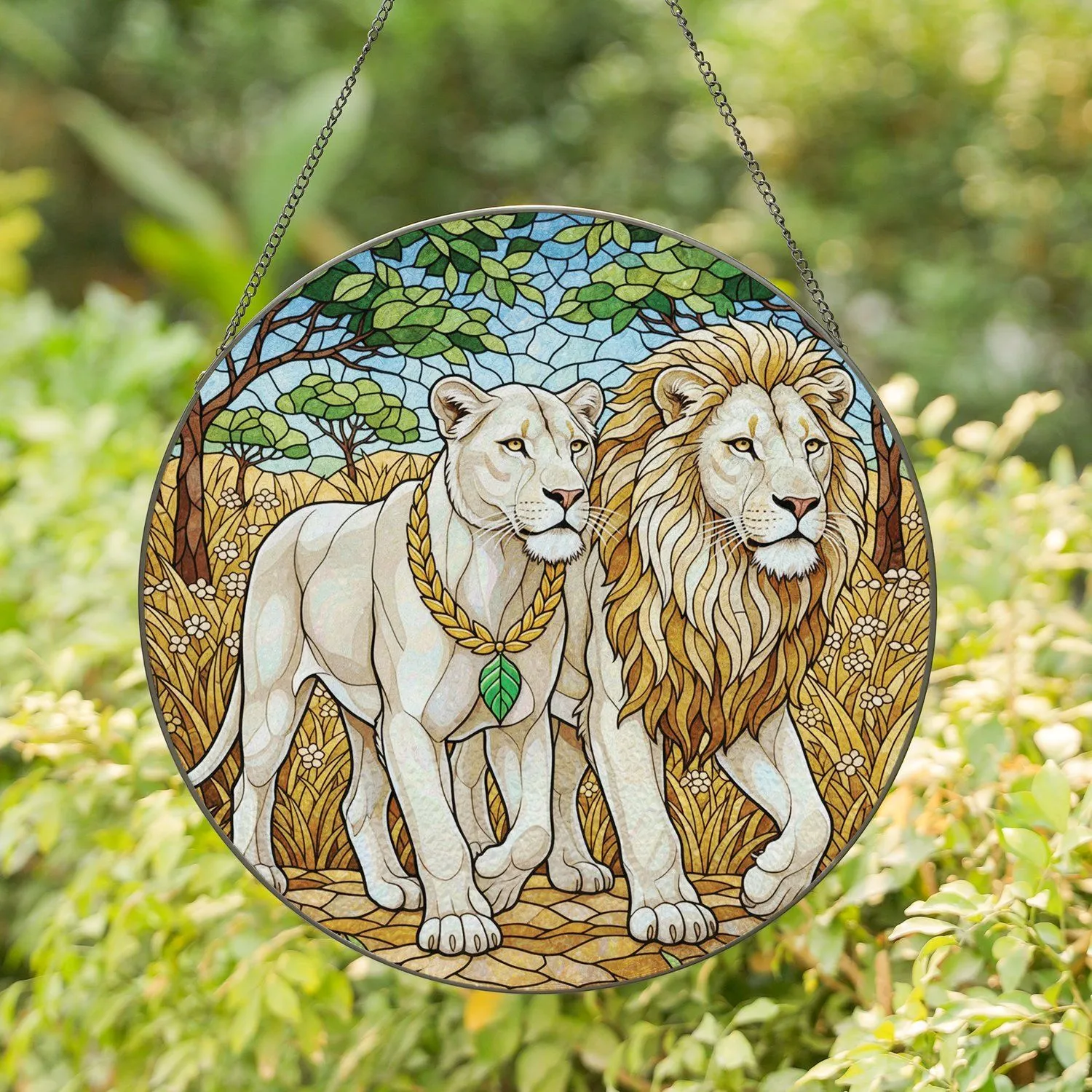 White Lion Lioness Golden Wreath Walking - Wildlife Lover Home Decor Gift Stained Glass Suncatcher - 1