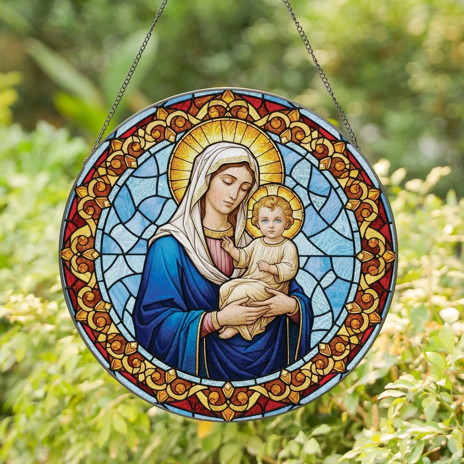 Virgin Mary Baby Jesus Golden Halos Mosaic Border - Religious Home Decor Gift for Believers Stained Glass Suncatcher - 1