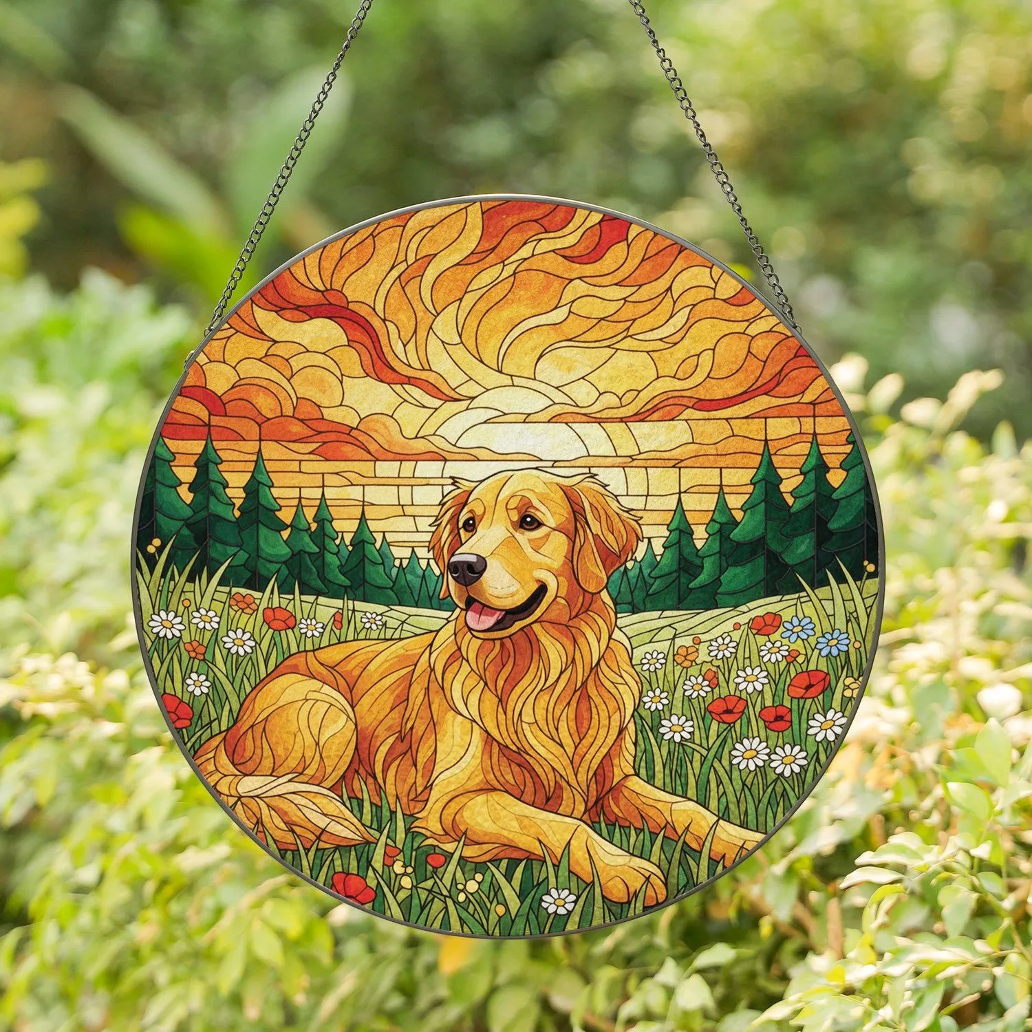 Golden Retriever Wildflower Evergreen Sunset - Home Decor Gift for Dog Lover Stained Glass Suncatcher - 1