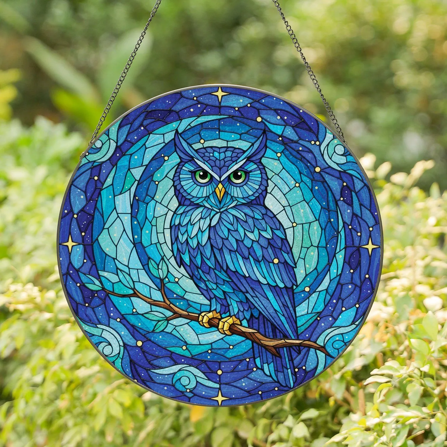 Blue Owl Green Eyes Golden Beak Crescent Moon Celestial Nebulae - Home Decor Gift Stained Glass Suncatcher - 1