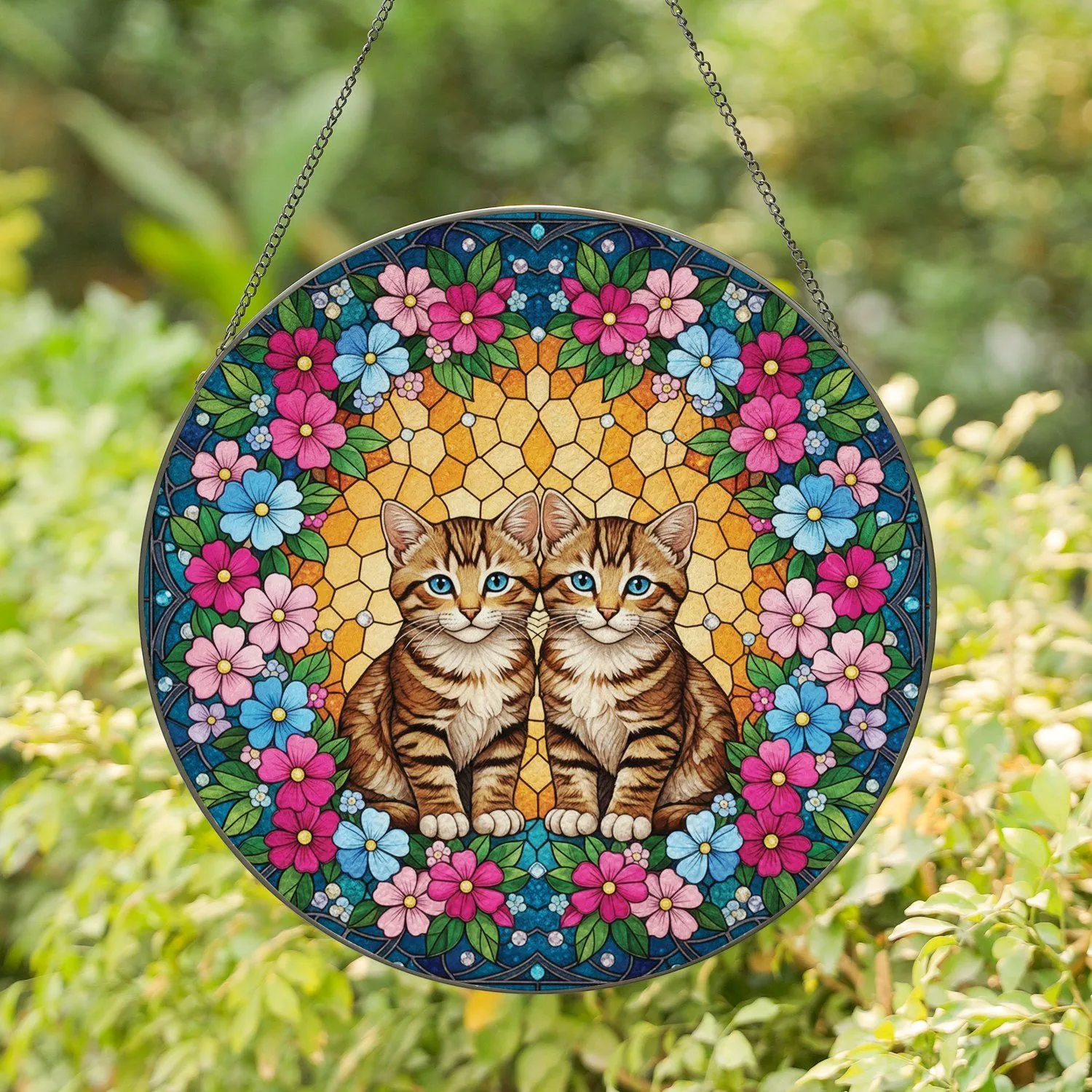 Blue Eyed Tabby Kittens Amber Teal Floral Wreath Blossom - Home Decor Gift for Cat Lover Stained Glass Suncatcher - 1