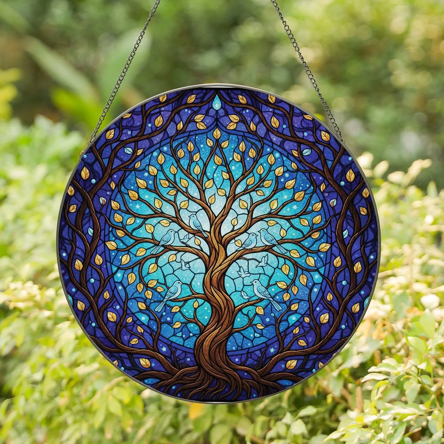 Tree of Life Birds Celestial Forest Canopy - Home Decor Gift for Nature Lover Stained Glass Suncatcher - 1