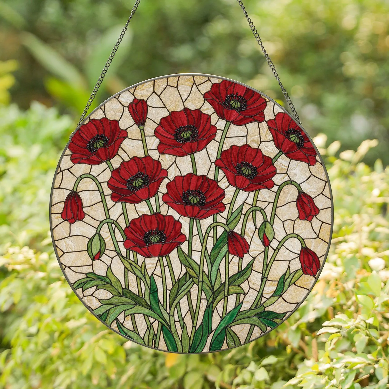Deep Black Centers Red Poppies Stained Glass - Home Decor Gift for Garden Lover Stained Glass Suncatcher - 1