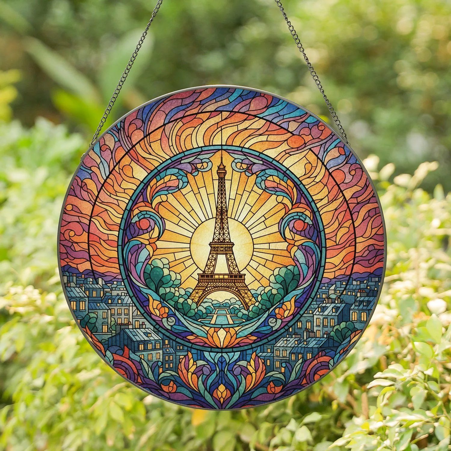 Eiffel Tower Parisian Cityscape Golden Sunset - Home Decor Gift for Paris Lover Stained Glass Suncatcher - 1