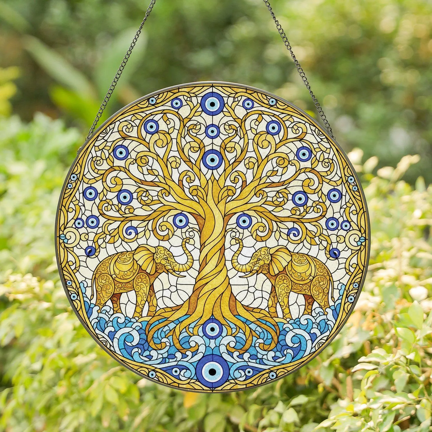 Tree of Life Golden Elephants Evil Eye - Home Decor Gift for Elephant Lover Stained Glass Suncatcher - 1