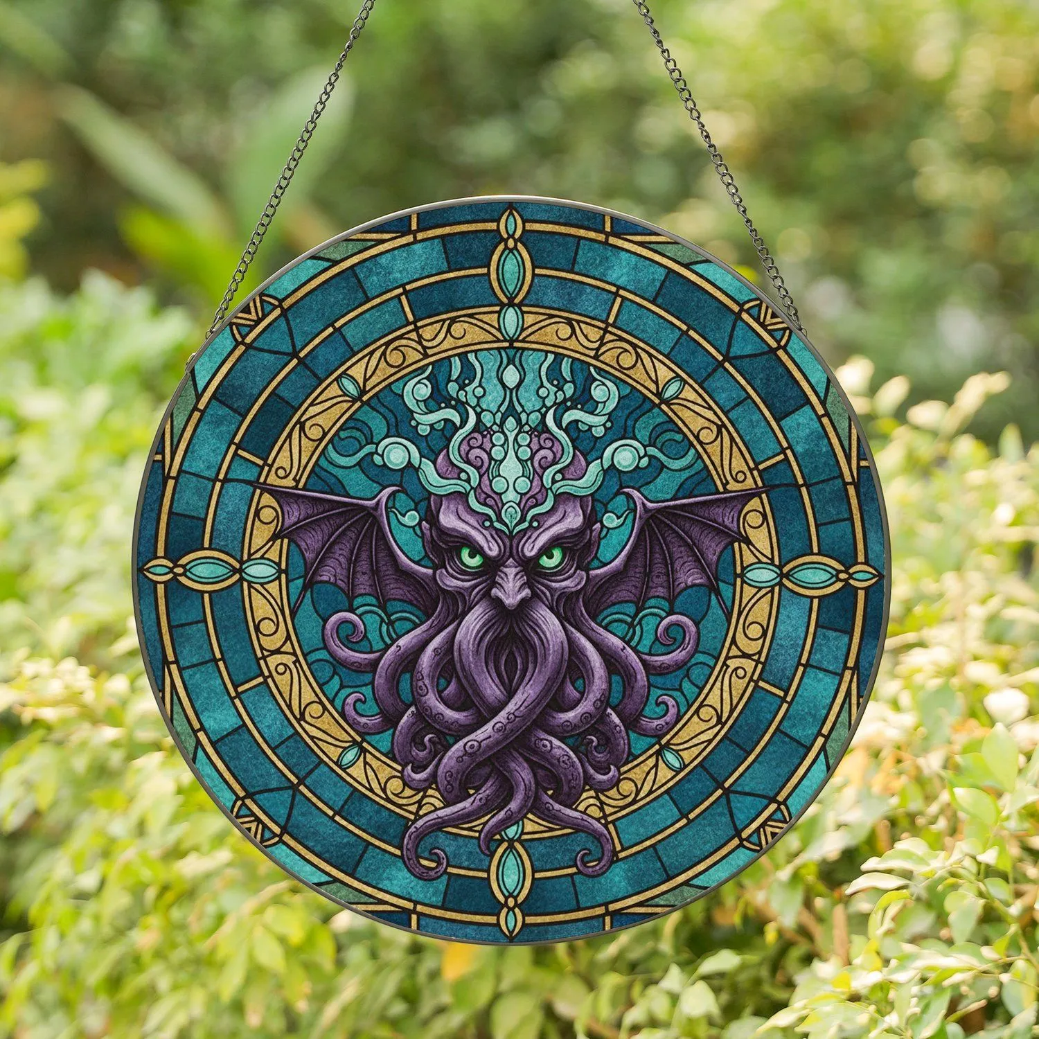 Cthulhu Tentacle Monster Swirling Circular Border - Home Decor Gift for Fantasy Lover Stained Glass Suncatcher - 1