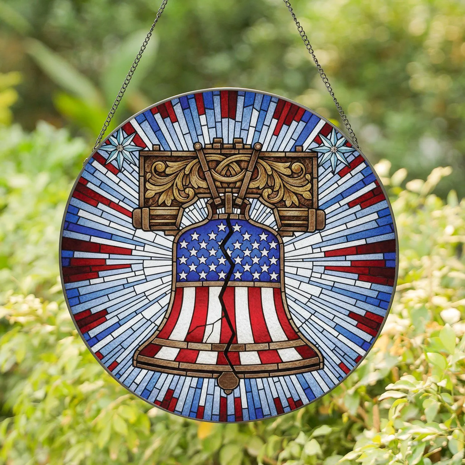 Cracked Liberty Bell American Flag - Independence Day Home Decor Gift for Veterans Stained Glass Suncatcher - 1