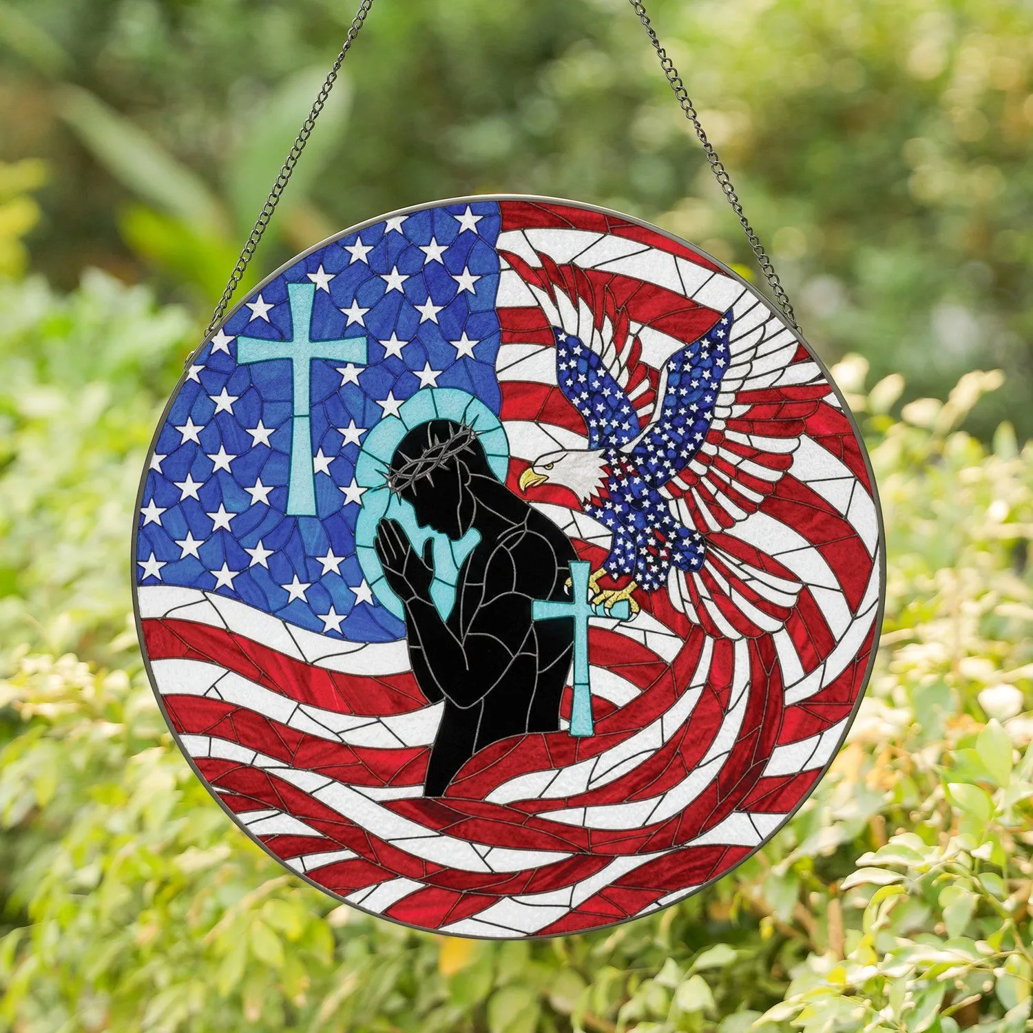American Flag Bald Eagle Praying Figure Crown of Thorns - Independence Day Gift Stained Glass Suncatcher - 1