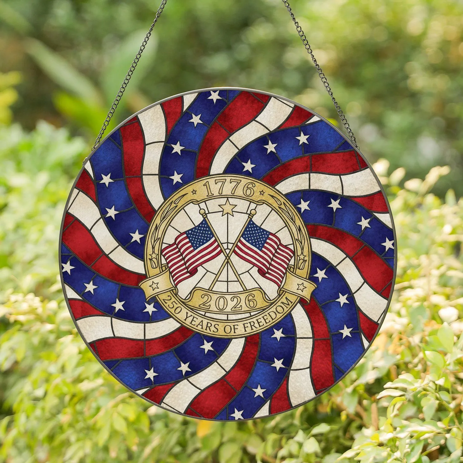 Crossed American Flags 1776 2026 - Independence Day 250th Anniversary Decor Stained Glass Suncatcher - 1