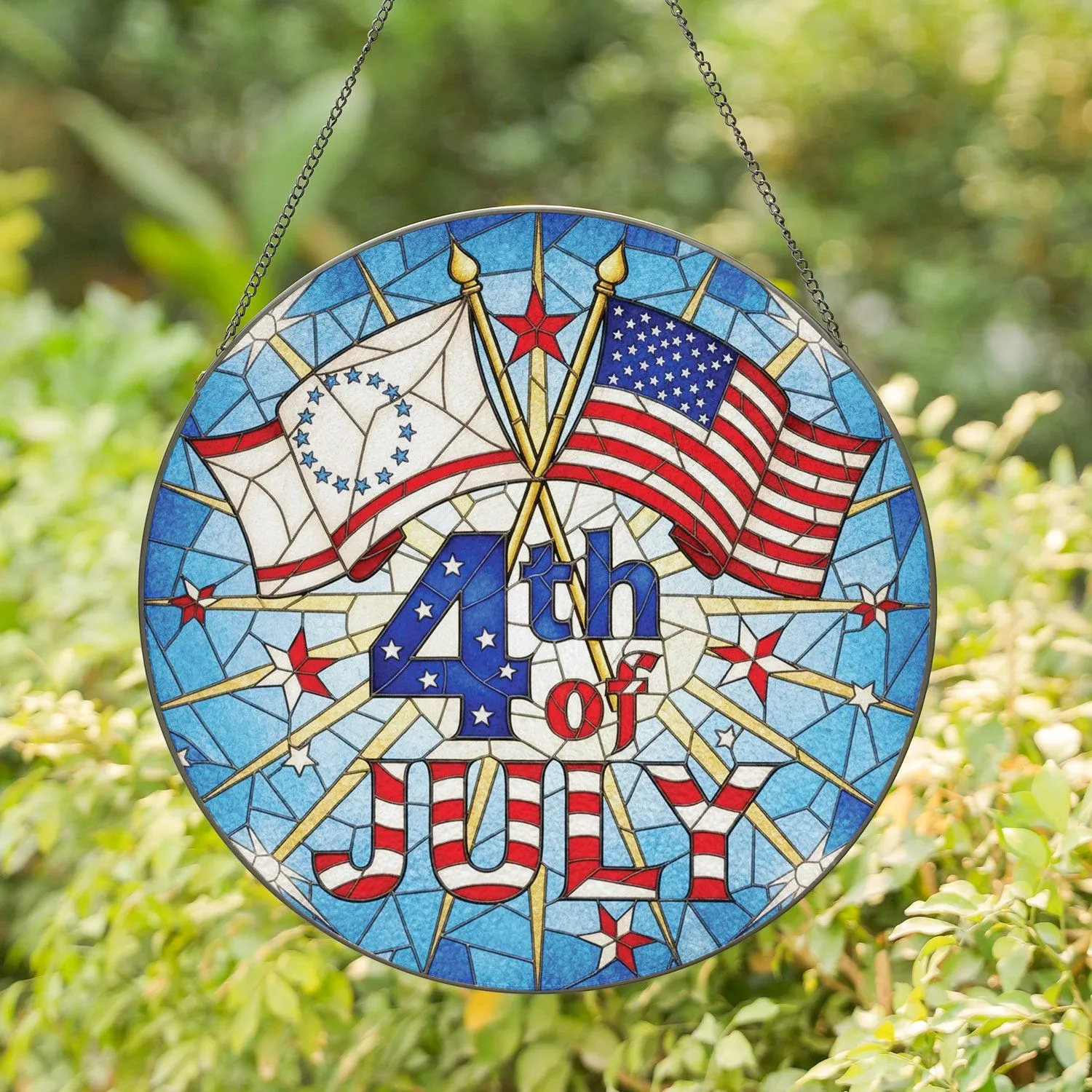 Fourth of July Phrase American Flags Mosaic - Independence Day Decor Gift for Veterans Stained Glass Suncatcher - 1
