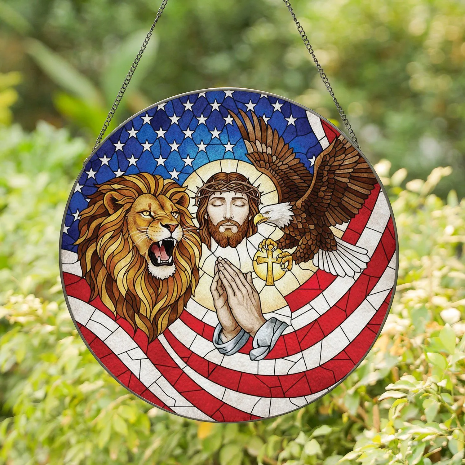 Bald Eagle Jesus Lion American Flag - Patriotic Home Decor Gift Stained Glass Suncatcher - 1