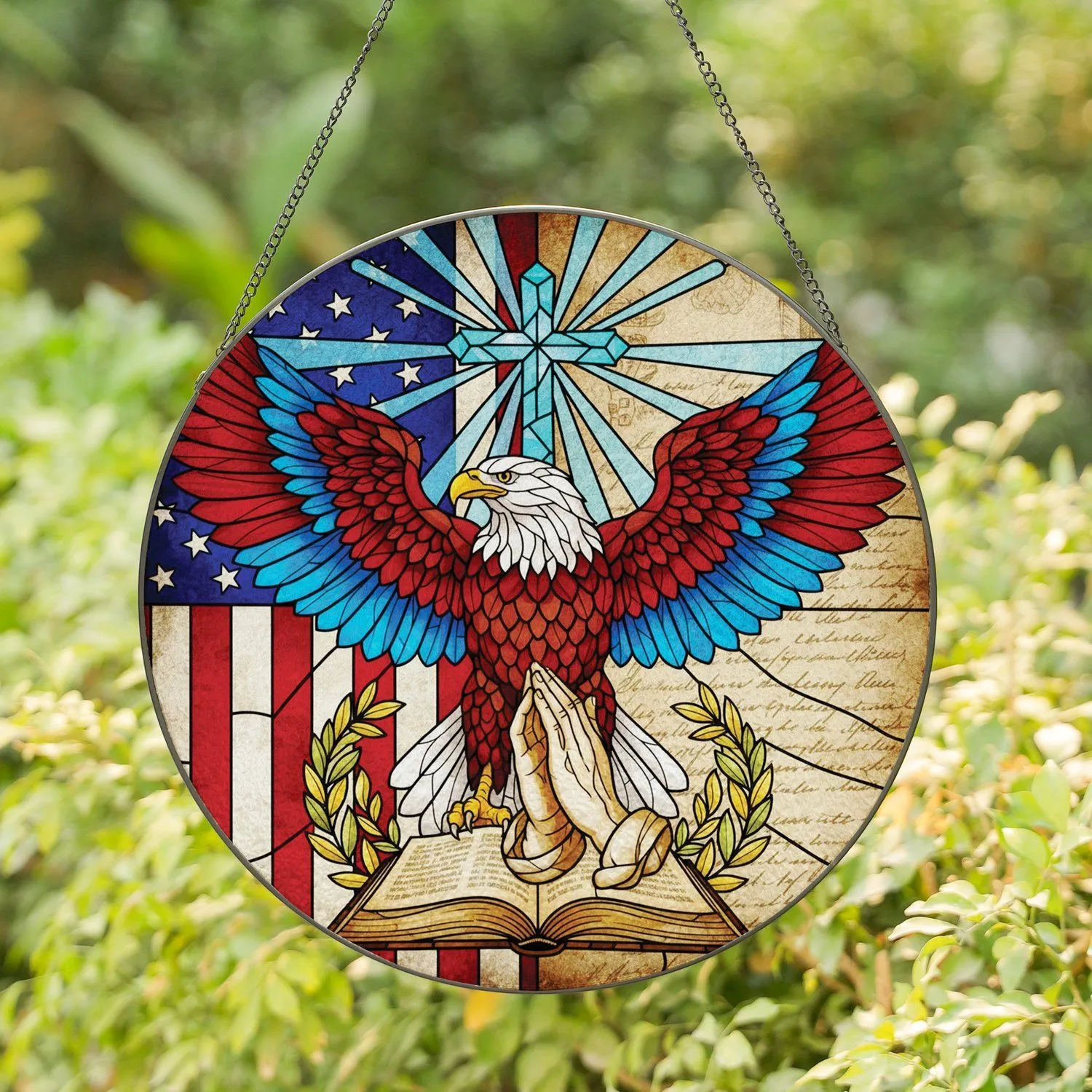 Bald Eagle American Flag Praying Hands - Independence Day Gift for Veterans Stained Glass Suncatcher - 1